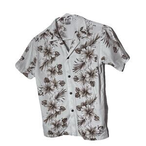 Boys WAIKIKI HAWAII Shirt White Brown Flowers 100% Cotton Vacation Beach Cruise